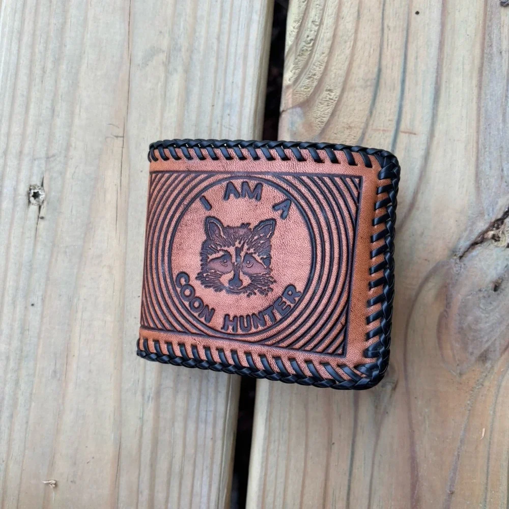 Vintage Handmade Leather Wallet Coon Hunting Bifold Hand Tooled Whipstitch USA